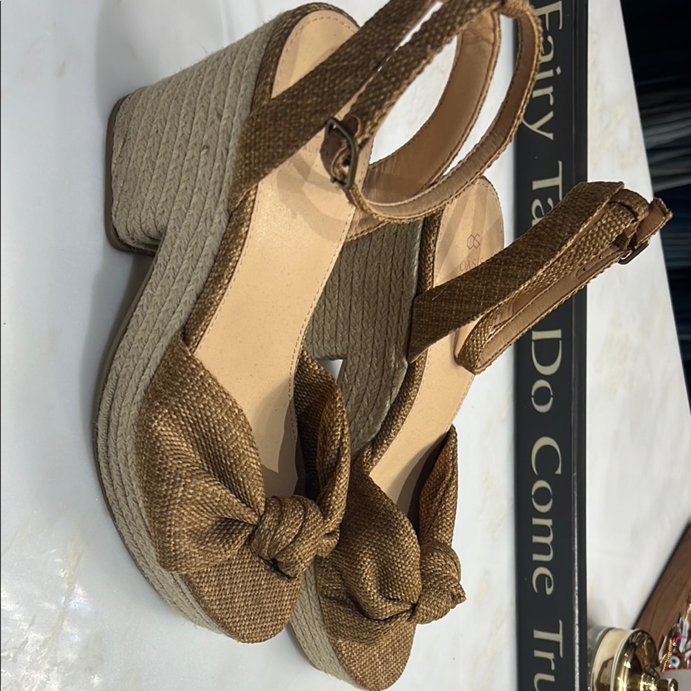 Tan Espadrille Wedge Shoes with Ankle Strap